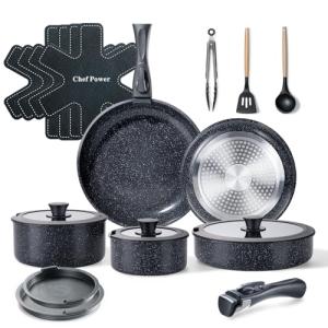 Chef Power Ceramic Nonstick Cookware Set 19 Piece with Detachable Handle, Induction Dishwasher Oven Safe Pans and Pots Set, RV Kitchen Set Removable Handle, Rock Stone Black