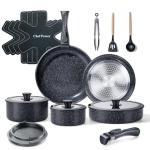 Chef Power Ceramic Nonstick Cookware Set 19 Piece with Detachable Handle, Induction Dishwasher Oven Safe Pans and Pots Set, RV Kitchen Set Removable Handle, Rock Stone Black