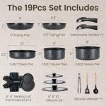 Chef Power Ceramic Nonstick Cookware Set 19 Piece with Detachable Handle, Induction Dishwasher Oven Safe Pans and Pots Set, RV Kitchen Set Removable Handle, Rock Stone Black
