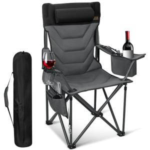 Oversized High-Back Camping Chairs with Pillow, Dual Cup Holders & Cooler Bag - Heavy Duty Foldable Outdoor Chair for Adults, Picnic, Fishing, Backyard, Sports (1, BlackGrey)