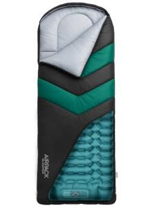 Rangland Sleeping Bag with Built-in Pad (AirPack Sleeper) - All-in-One Inflatable Sleeping Pad and Zip-Up Blanket for Camping with Built-in Foot Pump (Black/Green) 210x80cm