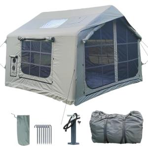 8㎡ Luxury Inflatable Camping Tent for 3–8 People, Aurora Green Thickened Material, 4-Season Family Inflatable House with Chimney Port and Transparent Skylight