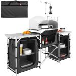 VEVOR Camping Kitchen Table, Folding Outdoor Cooking Table with Storage Carrying Bag, Aluminum Cook Station 3 Cupboard & Detachable Windscreen, Quick Set-up for Picnics, BBQ, RV Traveling, Black