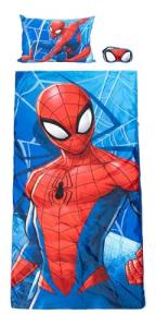 Marvel Spiderman 3 Piece Sleepover Set - Cozy & Warm Kids Slumber Bag with Pillow & Eye Mask (Official Marvel Product)