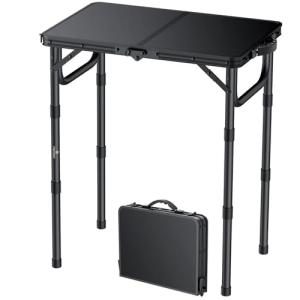 FUNYKICH 2ft Small Folding Camping Table(22.8'' Lx15.7'' W), 3 Height Adjustable Portable Picnic Table, Lightweight Aluminum Outdoor Table with Carry Handle for Camping, BBQ, Beach, Picnic, Black