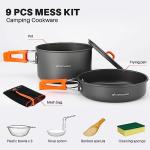 Odoland 9pcs Camping Cookware Non-Stick Lightweight Camping Pots and Pans Set with Plastic Bowls Soup Spoon for Camping, Backpacking, Outdoor Cooking and Picnic