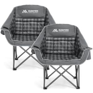 Huskfirm 2 Pack Camping Chairs Oversized Padded Camping Chair Heavy-Duty Foldable Camping Chairs with Cup Holder and Cooler Bag Portable Lawn Chair for Sports Outdoors-Support 450LBS, Grey