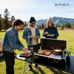 ROVSUN 2-in-1 Portable Camping Stove & Propane Grill with Enamel Griddle & Piezo Igniter, Tabletop Camp Stove with Built-in Handle, Wind Panel & Regulator for Camping, Tailgating, Grilling (Black)