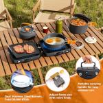 Hisencn Camping Stove,2 Burner Propane Stove,20000 BTU/h Camping Cooking set Includes Frying Pan,Kettle and Pot,Adjustable Burners & Piezo Ignition,Portable stove for camping Outdoor,Black