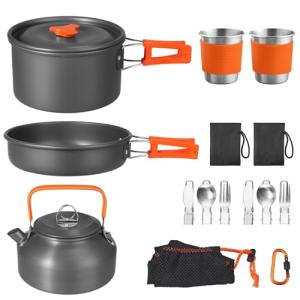 FUNYKICH 17PCS Camping Cooking Set, Non-Stick Lightweight Camping Pots and Pans Set with Kettle, Stainless Steel Cups, Foldable Forks Knives Spoons for Camping, Backpacking, Outdoor Cooking & Picnic