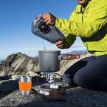 Odoland Camping Cookware Stove Carabiner Canister Stand Tripod and Stainless Steel Cup, Tank Bracket, Fork Spoon Kit for Backpacking, Outdoor Camping Hiking and Picnic,Orange