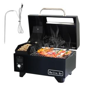Hello.Dr Portable Wood Pellet Grills 900°F，Smoker with Viewing Window – 8-in-1 BBQ, Digital Control, LED Screen, Temperature Control, Meat Probe，Bake and Roast, Ideal for Camping, RV, Beach Backyard