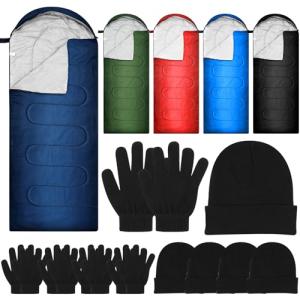 Tranqun 15Pcs Bulk Sleeping Bags Homeless for Adult with Winter Beanies Gloves, Cotton Liner Camping Sleeping Bag Waterproof Warm Lightweight for Indoor Outdoor Cold Weather(Colorful)