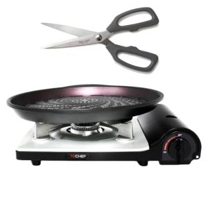 TECHEF - Stovetop Korean BBQ Non-Stick Grill Pan with Agni Portable Gas Stove Burner, Made in Korea (Set w/BBQ Scissors)