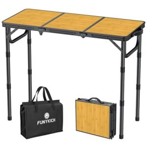FUNYKICH 3ft Camping Folding Table with 3 Adjustable Height, Portable Picnic Tables, 34.2'' Lx15.7'' W Lightweight Aluminum Outdoor Table with Carry Handle for Camping, Picnic, Backyard, BBQ-Black