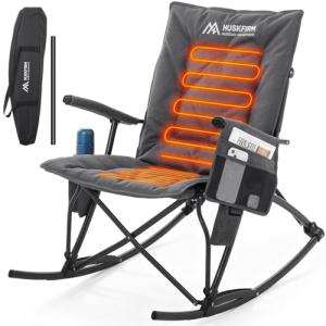 Heated Oversized Rocking Camping Chair Folding Heated Rocking Chair with High Back Padded Outdoor Rocking Chair Heavy Duty Rocker Chair for Camping, Lawn and Patio, Supports Up to 400 lbs, Grey