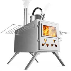 Hot Tent Wood Stove, Portable Camping Wood Burning Stove with 8 Stainless Chimney Pipes, Folding Wood Stove for Tent, Outdoor Heating, Cooking, Hunting, Ice Fishing