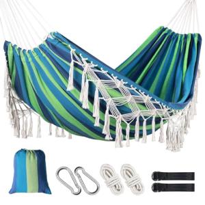 Double Hammock Portable Camping Hammocks for Hanging Hammock with Fringe Boho Indoor Outdoor Patio Backyard Hamacas para Adultos