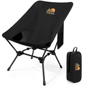 TUIKEN Ultralight Camping Chair Backpacking Chair, Portable Camp Chair with Cup Holder & Storage Bag, Lightweight Compact Folding Chair for Hiking, Travel, Picnic Mountaineering (Black)