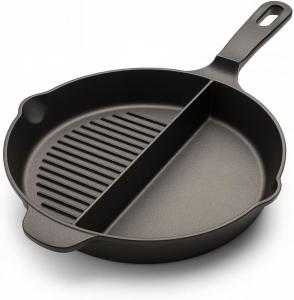 Artisan Fire 10 Inch Cast Iron Fry Pan-Breakfast Skillet-Divided 2 in 1 Half Grill-Eggs, Bacon, Steak