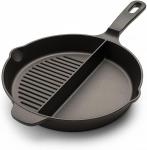 Artisan Fire 10 Inch Cast Iron Fry Pan-Breakfast Skillet-Divided 2 in 1 Half Grill-Eggs, Bacon, Steak