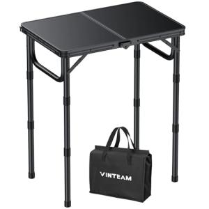 VINTEAM Camping Folding Table with Adjustable Height, Lightweight Portable Outdoor Picnic Table, BBQ Grill Side Table, Durable Aluminum Frame, MDF Desktop for Camping, Fishing, RV, Beach (Black)