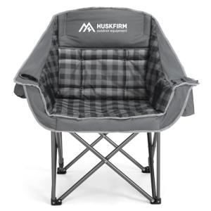 Huskfirm Oversized Camping Chair Padded Camping Chairs Heavy-Duty Foldable Camping Chairs with Cup Holder and Cooler Bag Portable Lawn Chair for Sports Outdoors-Support 450LBS, Grey