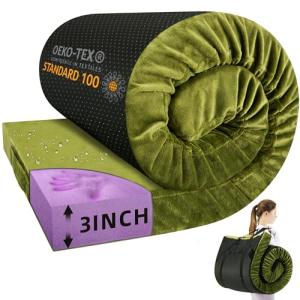BDEUS Memory Foam Camping Mattress Pad 3inch Kid Size Waterproof Roll Up Bed Sleeping Mat for Adults Portable Roll Up Mattress for Travel Guest Floor Bed Cot Mattress for Car, Tent