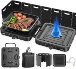 2 Burner Camping Stove Propane, Portable Gas Stove with Grill, 17,000 BTU Camp Stove, Foldable Camping Stove with Carry Bag, Windscreen & Grill Pan, Adjustable Burners & Piezo Ignition for Essentials