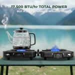 2 Burner Camping Stove Propane, Portable Gas Stove with Grill, 17,000 BTU Camp Stove, Foldable Camping Stove with Carry Bag, Windscreen & Grill Pan, Adjustable Burners & Piezo Ignition for Essentials