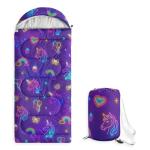 Wake In Cloud - Unicorn Kids Sleeping Bag for Girls Toddlers, Camping in Warm Cold Weather, Backpacking Lightweight Compact Outdoor Liner for 3 Seasons Summer Spring Fall, Neon Purple