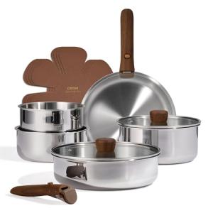 CAROTE 13pcs Tri-Ply Stainless Steel Cookware Set with Detachable Handle, Pots and Pans Set, Induction Kitchen Cooking Sets, RV/Camping Cookware, Oven Safe, Woodgrain Style