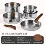 CAROTE 13pcs Tri-Ply Stainless Steel Cookware Set with Detachable Handle, Pots and Pans Set, Induction Kitchen Cooking Sets, RV/Camping Cookware, Oven Safe, Woodgrain Style