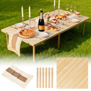 MLLNFUE Folding Picnic Table with Boho Table Runner 60" x 30" Wooden Low Table, Portable for Indoor Outdoor Use Ideal for Camping Beach Weddings Garden Parties (Seats 6)