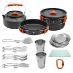 MINNNANOTOKU 17pcs Camping Cookware Kit, 7inches Pan,0.45Gal Pot,0.30Gal Kettle Set with 2 Set Stainless Steel Cups Plates Forks Knives Spoons for Hiking.(Orange Color/Black) (Orange Color)