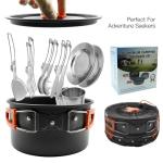 MINNNANOTOKU 17pcs Camping Cookware Kit, 7inches Pan,0.45Gal Pot,0.30Gal Kettle Set with 2 Set Stainless Steel Cups Plates Forks Knives Spoons for Hiking.(Orange Color/Black) (Orange Color)