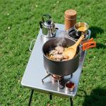 MINNNANOTOKU 17pcs Camping Cookware Kit, 7inches Pan,0.45Gal Pot,0.30Gal Kettle Set with 2 Set Stainless Steel Cups Plates Forks Knives Spoons for Hiking.(Orange Color/Black) (Orange Color)