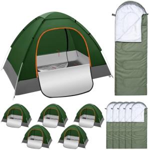 Wowangce 5 Set 2 Person Camping Tent for Homeless Bulk Includ 5 Pack Lightweight Tent and 5 Pack Sleeping Bag Waterproof Windproof Setup Pop up with Rain Cover Carrying Bag for Homeless Hiking (Green)