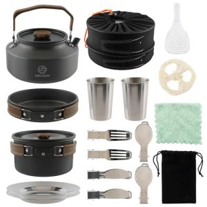 17-Piece Camping Cookware Set, Lightweight Backpacking Pot & Pan Kit with Non-Stick Anodized Aluminum, 0.45Gal Pot, 0.30Gal Kettle, 2 Cups & Cutlery Sets, Compact for Hiking, Camping, Picnic