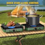 2 Burner Camping Stove, 20000 BTU Propane Camp Stove Portable Folding Gas Travel Stove Camping Essentials Gears Includes Grill,Carrying Bag, Adjustable Burners & Piezo Ignition for Tailgating,BBQ,Camp