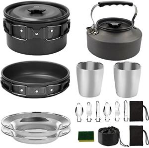 Peidesi 15pcs Camping Cookware Mess Kit,Portable Non-Stick Aluminum Alloy Cookware,Kettle Pot Frying Pan Plates Forks Knives Spoons for Camping, Backpacking, Outdoor Cooking