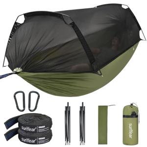 Sunyear Camping Hammock Tent - Portable Hammocks with Mosquito Net (Single/Double, 500lbs Capacity) - Anti-Rollover & Spacious Design with 2 Tree Straps for Hiking, Backpacking, Indoor/Outdoor Use