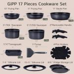 GiPP Ceramic Pots and Pans Set Non Stick, Nonstick Detachable Handle Cookware Sets, Healthy Non Toxic PFAS PFOA & PTFE Free, Dishwasher ＆Oven Safe, Induction Kitchen Pot and Pan, 17 Piece Gray