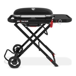 Weber Traveler® Portable Gas Grill (Liquid Propane) for Outdoor Cooking – Black, Porcelain-Enameled Lid, Side Table, Folding Portable Grill with Wheels for Camping, Tailgating & Travel