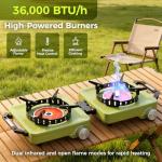 MoKo Propane Camping Stove 2 Burner, 36,000 BTU Infrared & Open Flame Hybrid, Windproof Folding Portable Outdoor Gas Cooking Kit with Frying Pan & Carry Bag For RV, Tailgating, Survival, Green
