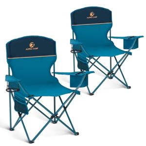 ALPHA CAMP Camping Chairs 2 Pack, Heavy Duty Folding Chair with 3-Can Cooler Bag, Portable Outdoor Chair with Side Pocket & Cup Holder for Adults, Collapsible for Tailgating, Beach, Fishing,Blue