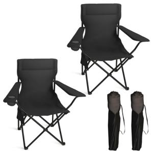 Foristrail Portable Camping Chair 2 Pack, Folding Outdoor Chair with Cup Holder & Side Pocket for Camping, Hiking, Picnic, Beach (Black)