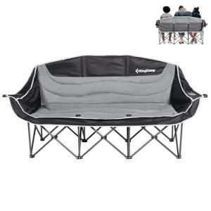 KingCamp 3 Person Camping Chair, Oversized 660lbs Heavy Duty Loveseat for Adults Portable Folding XL 2 Person Couch Padded Comfortable Three Seat with Cup Holder for Outdoor Lawn Backyard, Black/Grey