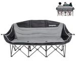 KingCamp 3 Person Camping Chair, Oversized 660lbs Heavy Duty Loveseat for Adults Portable Folding XL 2 Person Couch Padded Comfortable Three Seat with Cup Holder for Outdoor Lawn Backyard, Black/Grey