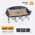 KingCamp 3 Person Camping Chair, Oversized 660lbs Heavy Duty Loveseat for Adults Portable Folding XL 2 Person Couch Padded Comfortable Three Seat with Cup Holder for Outdoor Lawn Backyard, Black/Grey